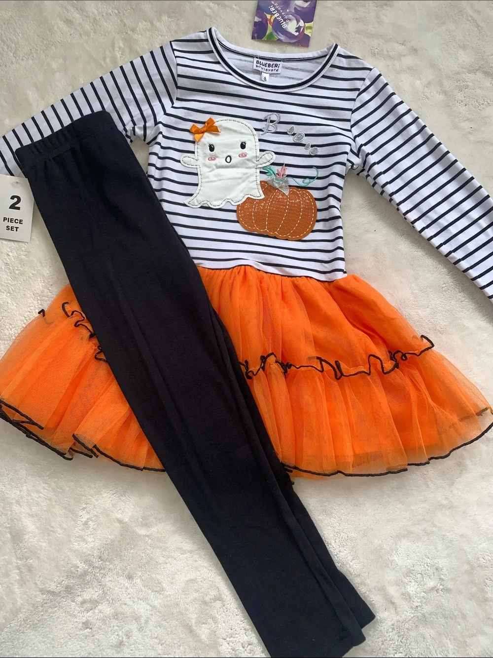 NWT Blueberi Boulevard Girls' Orange Ghost Pumpkin Tutu Top & Leggings Set 6